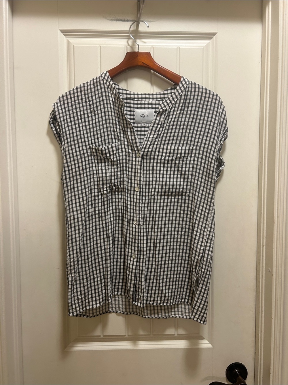 Rails Black and White Gingham Button-Front Cap Sleeve Shirt